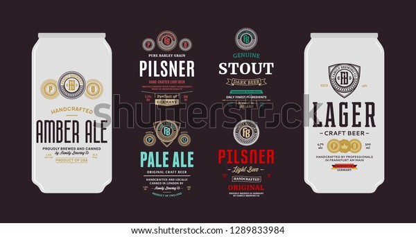 Beer labels and can mockup templates. Pale ale,\
pilsner, lager, stout and amber ale labels. Brewing company\
branding and identity design\
elements.