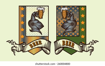 Beer labels design contains images of heraldic steel helmet  with beer mug,escutcheon,stars,ribbon and text. Beer labels design.Old etching style.