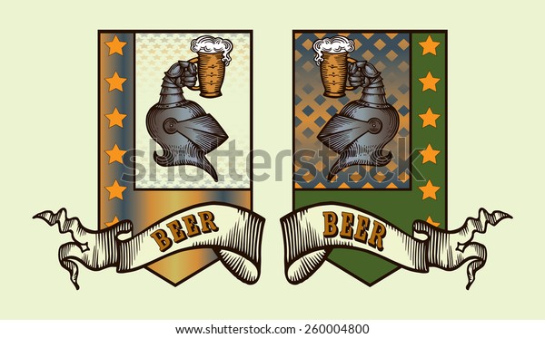 Beer labels design contains images of\
heraldic steel helmet  with beer mug,escutcheon,stars,ribbon and\
text. Beer labels design.Old etching\
style.