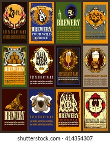 Beer labels design set.Set contains images of beer glasses,ornament frames,griffin,coat of arms with women and ribbon,crown and text.