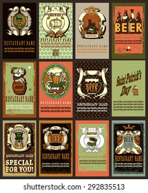 Beer labels design set for Patrick's day contains images of beer labels,ribbons,fairy,text.Beer labels design. Vintage style.