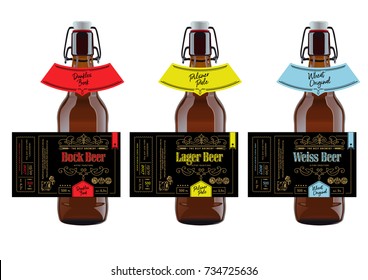 Beer Labels and neck labels on brown bottles.