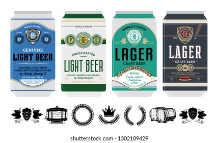 Beer labels on aluminum cans. Beer icons for brewhouse, bar, pub, brewing company branding and identity.