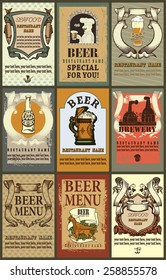 Beer labels set. Set contains images of beer mug,brewery, beer and seafood  escutcheons, man with beer mug,beer bottle,griffin,beer glass and place for text.Design set.