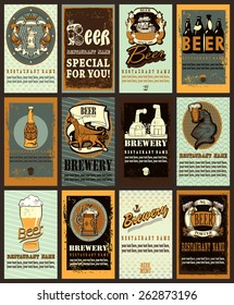 Beer labels set  design contains images of beer mug,beer glass, brewery,anchor,ribbon,helmet,beer bottles, griffin and  escutcheons. Beer labels set. Vintage style.