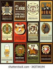 Beer labels set  design contains images of beer mug,beer glass, brewery,ribbon,helmet, griffin,escutcheons,Santa,reindeer,Christmas Tree and text .Vintage style.Beer labels design for winter holidays.