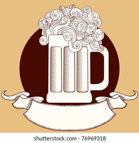 Beer label.Vector graphic  Illustration of glass with scroll for text
