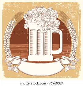 Beer label.Vector vintage graphic  Illustration of glass with scroll for text