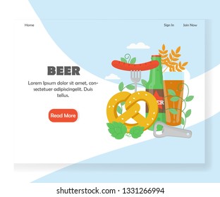 Beer landing page template. Vector flat style design concept for beer festival, party, Oktoberfest website and mobile site development. Beer with grilled bavarian sausage and pretzel.