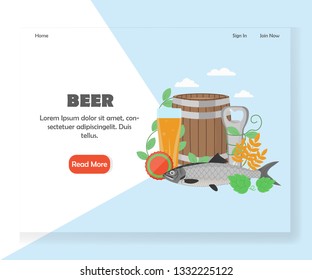 Beer landing page template. Vector flat style design concept for beer festival, party, Oktoberfest website and mobile site development. Beer with salted dried fish.