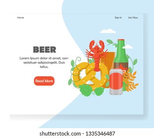 Beer landing page template. Vector flat style design concept for beer festival, party, Oktoberfest website and mobile site development. Beer with lobster and pretzel.