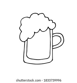 Beer large glass mug with beer and foam, doodle style, Oktoberfest. Vintage vector engraving illustration for web, poster, party invitation. Hand drawn design element isolated on white background.