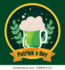 Beer with a laurel wreath Happy saint patrick day poster Vector illustration