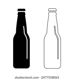 Beer or lemonade bottle icon, black outline and black silhouette isolated on white. Drink in closed bottle, line and stencil style. Vector clipart, minimalist sign or simple logo for bar and pub.