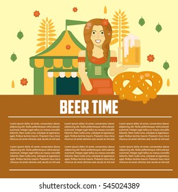 Beer letterhead template. Alcoholic festival concept banner concept in flat style. Business vector template. Poster with waitress, pretzel and beer tent. 