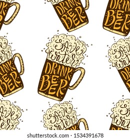 Beer lettering hand drawn vector seamless pattern. Vintage glass of beer for wallpaper bar and restaurant design