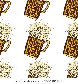 Beer lettering hand drawn vector seamless pattern. Vintage glass of beer for wallpaper bar and restaurant design
