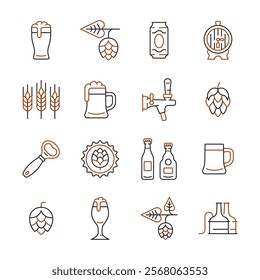 Beer line color icon set. Vector collection symbol with mug of beer, hop cone, barley ear,  barrel, opener, bottle.