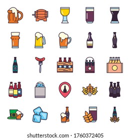 Beer line and fill style icon set design, Festival day pub alcohol bar and drink theme Vector illustration