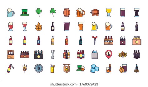 Beer line and fill style icon set design, Festival day pub alcohol bar and drink theme Vector illustration