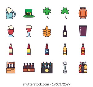 Beer line and fill style icon set design, Festival day pub alcohol bar and drink theme Vector illustration