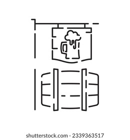 Beer Line Icon. Contains such Icons as Barrel, Six-pack, Keg, Signboard, Mug, drinks. Alcohol pub or bar glass. Two glasses of beer toasting creating splash on white background. Vector Illusttration