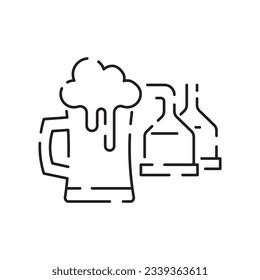 Beer Line Icon. Contains such Icons as Barrel, Six-pack, Keg, Signboard, Mug, drinks. Alcohol pub or bar glass. Two glasses of beer toasting creating splash on white background. Vector Illusttration