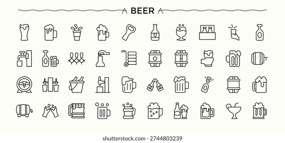 Beer line icon set. Thin outline icons pack. Editable stroke. Vector collection. Bar icon set. It contains symbols to drink, beverage, brewer, pub and more.