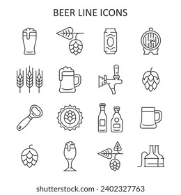 Beer line icon set. Vector collection symbol with mug of beer, hop cone, barley ear,  barrel, opener, bottle. 