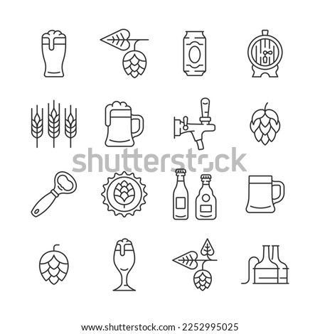 Beer line icon set. Vector collection symbol with mug of beer, hop cone, barley ear,  barrel, opener, bottle. Editable stroke.