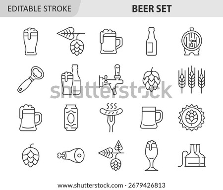 Beer line icon set. Vector collection symbol with mug of beer, hop cone, barley ear,  sausage, barrel, knuckle, opener, bottle. Editable stroke.