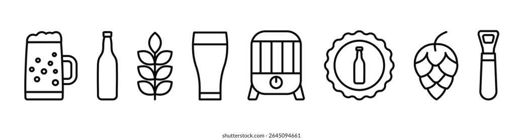 Ícones de linha de cerveja definidos. Garrafa, vidro, pinta, barril. Vetor.