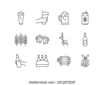 Beer line icons set with hand holding beer glass, mug, can, wheat, mugs toasting, tap pouring, bottle, box, barrel, windmill.