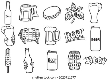  beer line icons set (hop branch, wooden barrel, hand holding glass, can, bottle cap, mug, bottle)