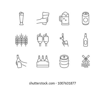 Beer line icons set with pilsner, hand holding glass, mug, can, wheat, manufacturer, tap, bottle, package, keg, mill.