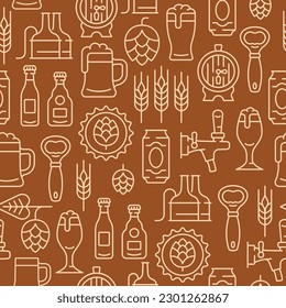 Beer line seamless background. Vector pattern with mug of beer, hop cone, barley ear,  barrel, opener, bottle.