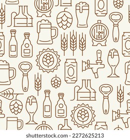 Beer line seamless pattern. Vector background with mug of beer, hop cone, barley ear,  barrel, opener, bottle. 