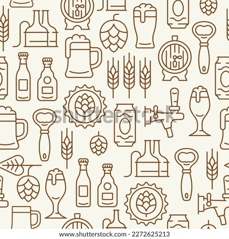 Beer line seamless pattern. Vector background with mug of beer, hop cone, barley ear,  barrel, opener, bottle. 