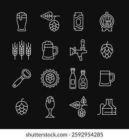 Beer line white icon set on black background. Vector collection symbol with mug of beer, hop cone, barley ear,  barrel, opener, bottle. Editable stroke.