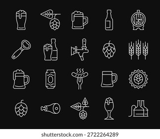 Conjunto de iconos blancos de línea de cerveza. Símbolo de colección de Vector con taza de cerveza, cono de lúpulo, oreja de cebada, salchicha, barril, nudillo, abridor, botella. Trazo editable.