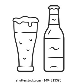 Beer linear icon. Uncorked bottle and glass of beverage. Bottled and draft lager. Alcoholic drink. Brewing. Pint of ale. Thin line illustration. Contour symbol. Vector isolated outline drawing