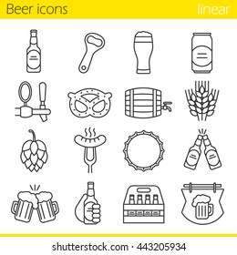 Beer linear icons set. Bar and pub thin line contour symbols. Beer glass, bottle, can, mug, keg, crate, tap, cap, bottle opener. Sausage, brezel, rye, hop and bar sign. Isolated vector illustrations