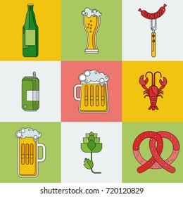 Beer linear icons set. Glass, a mug and a glass, pretzel, cancer and hops, sausage on fork. Linear pictogram for advertising, menu bar and restaurant. Objects isolated on color background.