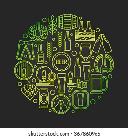 Beer linear illustration - vector beer and brewery round symbol or logo template for pub made with thin line signs