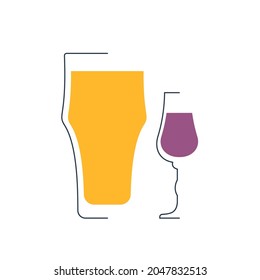 Beer and liquor glass in minimalist linear style. Contour of glassware on left side in form of fine black line. Drink is depicted in form of shape with colored fill. Isolated image on white backdrop.