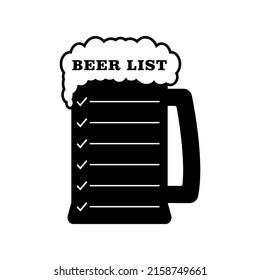 Beer list with silhouette of glass beer mug. Vector illustration on white background. 