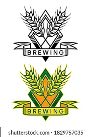 Logo de la cerveza, en versión en blanco y negro y en color, conformado por una ilustración de dos picos de cebada cruzada, enmarcado en forma de rhombus y con un cartel con un texto que dice: preparándose.