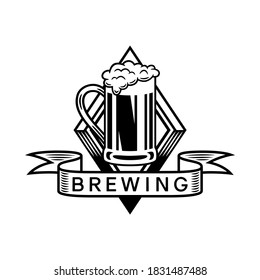 Beer logo, in black and white and color version, made up of a beer jar with foam, framed in a rhombus shape and with a banner with a text that says: brewing.