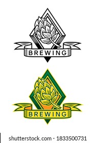 Beer logo, in black and white and color version, made up of an illustration of a beer hop, framed in a rhombus shape and with a banner with a text that says: brewing.