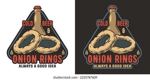 Beer logo or brewery emblem with bottle and onion rings for bar or pub. Print or label for drink beer shop.